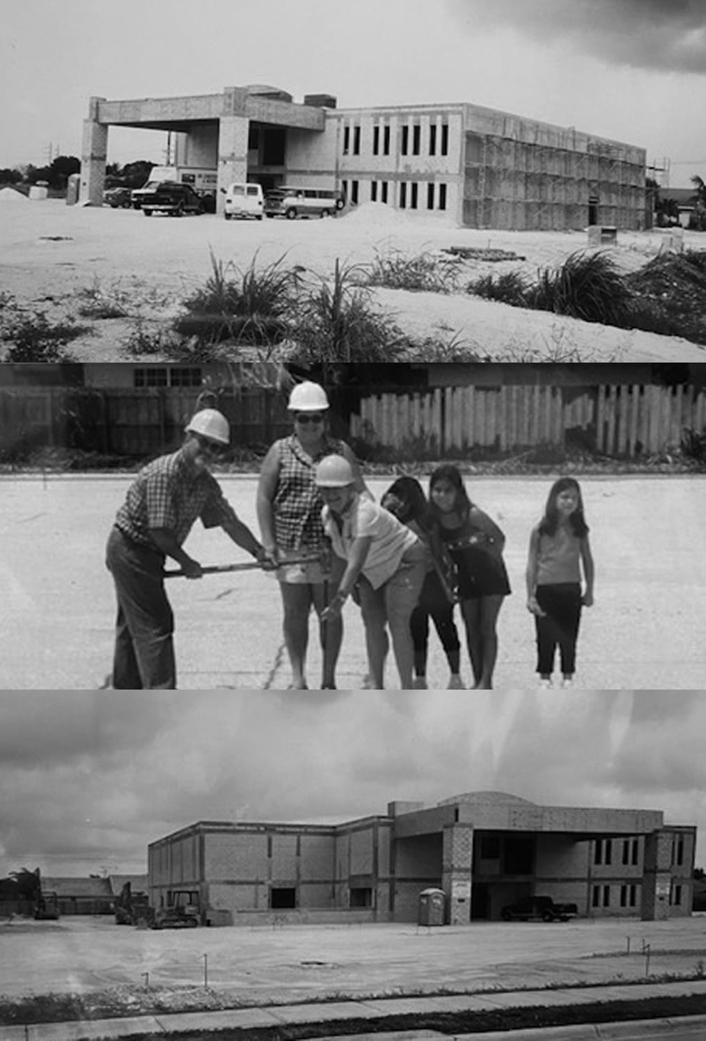 A black and white photo of a construction site and a group of children.